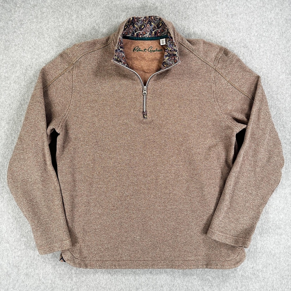 Robert Graham Sweater Mens XL Brown 1/4 Zip Mock Neck Paisley Trim Pullover